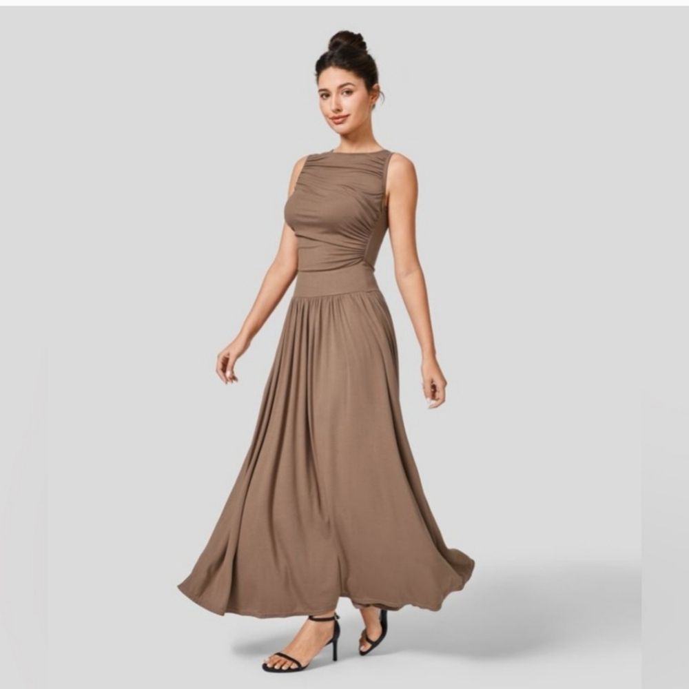 Halara Brown Boat Neck Ruched Side Pocket Flowy Maxi Casual Dress NEW!